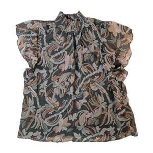 JOIE [ Large ] Flutter Sleeve Floral Mock Neck Smocked Blouse Top‎  Green #U789